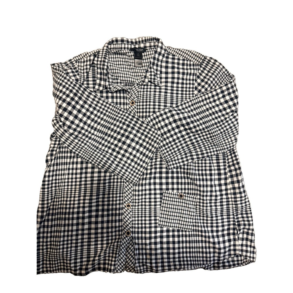Ali Miles Womens 1X Black White Gingham Check Button Up Shirt Cotton Bohemian